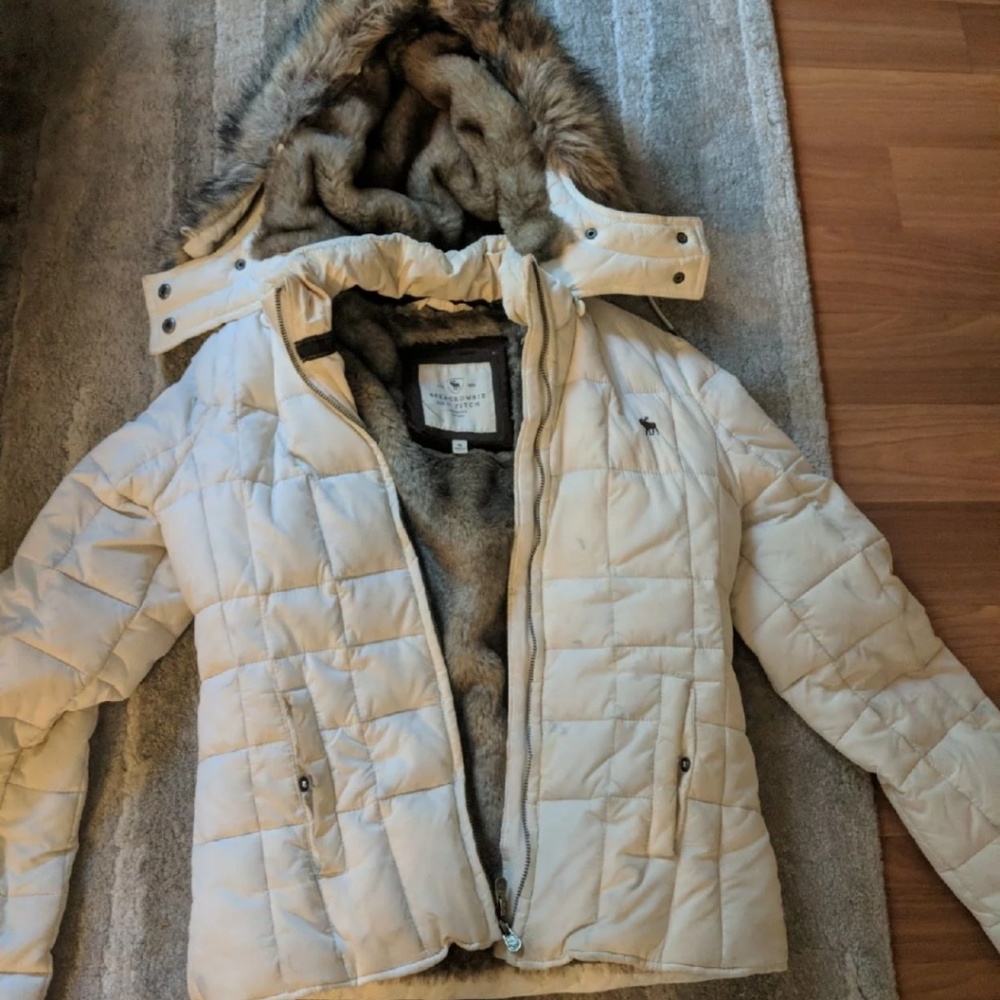 White A&F goose puffer coat